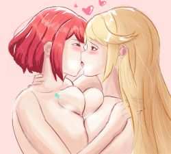 2girls 373_(pixiv_67458058) absurdres blonde_hair blush breast_press breasts eye_contact female_focus french_kiss from_side half-closed_eyes heart highres kiss kiss_focus large_breasts long_hair looking_at_another medium_hair messy_hair multiple_girls mythra_(xenoblade) nude open_mouth pink_background portrait profile pyra_(xenoblade) red_hair saliva saliva_trail selfcest sketch sweat swept_bangs symmetrical_docking tongue tongue_out xenoblade_chronicles_(series) xenoblade_chronicles_2 yuri