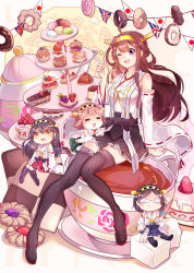 10s 4girls absurdres ahoge black_hair boots brown_eyes brown_hair cake checkerboard_cookie cookie cup cupcake custard donut food fruit glasses hairband haruna_(kancolle) heart_cake hiei_(kancolle) highres in_food jam_filled_cookie japanese_clothes kantai_collection kirishima_(kancolle) kongou_(kancolle) layer_cake long_hair macaron multiple_girls nontraditional_miko one_eye_closed open_mouth pudding purple_eyes short_hair skirt smile strawberry sugar_cube teacup teapot thigh_boots thighhighs thumbprint_cookie tiered_serving_stand tiered_tray xinghuo zettai_ryouiki