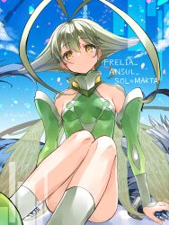 1girl antenna_hair ar_tonelico ar_tonelico_ii artist_name blue_sky breasts character_name claws cloud detached_sleeves fractal_(fractal25) frelia_(ar_tonelico) green_hair green_leotard green_sleeves hand_on_another&#039;s_hand highres leotard looking_at_viewer shun_(ar_tonelico) sitting sky small_breasts smile solo wings yellow_eyes