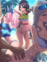 Rule 34 | 3boys, 3girls, arched back, ass, bikini, black hair, clothed sex, cum, cum in mouth, cum in pussy, fellatio, grabbing another&#039;s ass, grey hair, groping, group sex, hair ornament, hair ribbon, hairclip, jacket, jacket over swimsuit, kamachimi, kisara (tales), multiple boys, multiple girls, oral, orgy, pink hair, ribbon, rinwell (tales), sex, shionne (tales), standing, standing sex, sunglasses, sunglasses on head, suspended congress, suspension, swimsuit, tales of (series), tales of arise, tongue, tongue out, vaginal