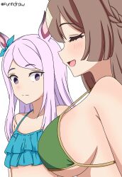 2girls absurdres bikini blue_bikini bow braid breast_envy breasts closed_eyes ear_bow ear_ornament empty_eyes flat_chest from_side girl_staring_at_guy&#039;s_chest_(meme) green_bikini highres large_breasts looking_at_breasts mejiro_mcqueen_(umamusume) meme multiple_girls open_mouth purin_draw purple_eyes satono_diamond_(umamusume) simple_background smile swimsuit umamusume