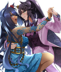 Rule 34 | 2girls, absurdres, alternate costume, alternate hair color, animal ears, arm around back, arm up, bandaid, bandaid on face, bandaid on nose, blue dress, blue hair, blue nails, breasts, buttons, collared shirt, dancing, dark-skinned female, dark skin, dress, dress shirt, ear flower, ear ornament, eye contact, face-to-face, fingernails, fishnet sleeves, fishnets, flower, formal clothes, from side, grin, hair ornament, hairclip, hand on another&#039;s back, highres, hishi amazon (umamusume), holding hands, horse ears, jacket, jewelry, large breasts, light blush, long hair, long sleeves, looking at another, looking at viewer, multicolored nails, multiple girls, naegi happy, nail polish, narita brian (umamusume), open mouth, orange eyes, pants, pink jacket, pink pants, purple hair, purple vest, red flower, shirt, simple background, smile, suit, taut clothes, twisted torso, umamusume, v-shaped eyebrows, very long hair, vest, waistcoat, watermark, white nails, wing collar, yellow eyes