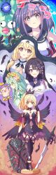 !? 4girls absurdres alternate_costume black_hair blonde_hair blue_eyes breasts clear_(fallen)_(princess_connect!) clear_(real)_(princess_connect!) cleavage collarbone fallen_angel feathers full_body green_eyes green_hair habit highres long_hair medium_breasts medium_hair multiple_girls navel pig princess_connect! clear_(princess_connect!) lily_(princess_connect!) shield sword weapon yamada_(hvcij) yellow_eyes
