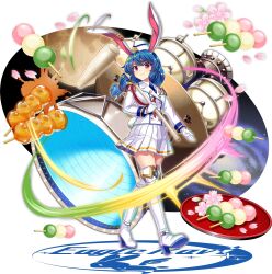 1girl alternate_costume animal_ears black_necktie blue_hair blue_necktie boots breasts cherry_blossoms closed_mouth collared_shirt crescent crescent_pin dango earclip epaulettes falling_petals food frown full_body game_cg gloves gold_trim hat high_heel_boots high_heels highres holding holding_mallet jacket kine long_hair long_sleeves looking_at_viewer low_twintails mallet mitarashi_dango necktie official_art petals pink_eyes pink_petals plate pleated_skirt rabbit_ears rabbit_girl rabbit_tail rotte_(1109) sanshoku_dango seiran_(touhou) seiran_(white_rabbit_practical_team)_(touhou) shirt skewer skirt solo star_pin tail thigh_boots third-party_source touhou touhou_lostword transparent_background twintails wagashi white_boots white_gloves white_hat white_jacket white_shirt white_skirt