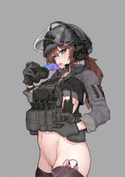 1girl ammunition_pouch aqua_eyes black_gloves black_thighhighs blush breasts brown_hair cleft_of_venus combat_helmet commentary cowboy_shot dildo dildo_gag dildo_under_mask drooling face_shield gag gloves grey_background headphones headset heart heart-shaped_pupils helmet highres holding holding_gag holding_sex_toy long_hair looking_at_viewer navel no_bra no_panties open_mouth original ponytail pouch pussy pussy_juice remote_control_vibrator saliva saliva_trail sex_toy sideboob simple_background solo stmast symbol-shaped_pupils tactical_clothes thighhighs tongue tongue_out unworn_gag vibrator vibrator_in_thighhighs