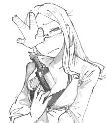 Rule 34 | 1girl, asliaenacoral99 (artist), blush, bottle, bra, breasts, cleavage, coral glasses (joel g), ena (series), frown, glasses, highres, long hair, looking at viewer, monochrome, non-web source, solo, underwear, white background, wine bottle