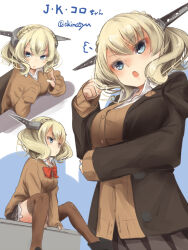 1girl :o akino_shuu arm_under_breasts between_legs black_jacket black_skirt blonde_hair blue_eyes bow braid breasts brown_cardigan brown_thighhighs cardigan closed_mouth collared_shirt colorado_(kancolle) commentary_request dress_shirt hair_between_eyes hand_between_legs jacket kantai_collection long_sleeves medium_breasts multiple_views open_clothes open_jacket open_mouth parted_lips pleated_skirt red_bow school_uniform shirt sitting skirt sleeves_past_wrists thighhighs twitter_username v-shaped_eyebrows white_shirt