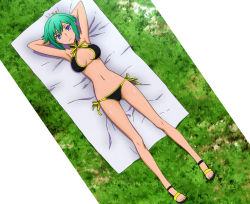 Rule 34 | 10s, aquarion (series), aquarion evol, bikini, green hair, hair ribbon, highres, purple eyes, ribbon, short hair, stitched, swimsuit, third-party edit, zessica wong