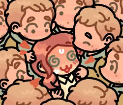 Rule 34 | 1girl, 6+boys, :3, @ @, blonde hair, blush, brown hair, chibi, chibi only, commentary, couple, cuptoast, english commentary, ethan winters, heart, hetero, long hair, meme, mia winters, multiple boys, multiple persona, open mouth, resident evil, resident evil village, short hair, smile, sonic surrounded by amy plush dolls (meme), sweat