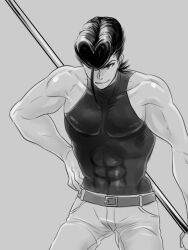Rule 34 | 1boy, abs, akame ga kill!, belt, bulat, covered abs, covered pectorals, grey background, hair over one eye, hand on own hip, holding, holding staff, loup-garou, male focus, monochrome, muscular, muscular male, pants, pectorals, pompadour, shirt, sleeveless, smirk, solo, staff, taut clothes, taut shirt