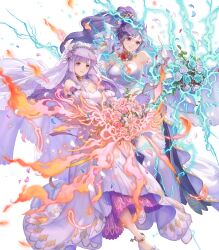 2girls attack bouquet breasts bridal_veil circlet cleavage dress fire fire_emblem fire_emblem:_genealogy_of_the_holy_war fire_emblem_heroes flower gloves hair_flower hair_ornament highres holding holding_bouquet ishtar_(bride)_(fire_emblem) ishtar_(fire_emblem) julia_(bride)_(fire_emblem) julia_(fire_emblem) lightning long_hair lonvanelk magic medium_breasts multiple_girls nintendo non-web_source official_alternate_costume official_art open_mouth petals ponytail purple_eyes purple_hair side_slit small_breasts smile thighhighs veil wedding_dress white_gloves