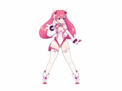 1girl animated animated_gif arm_up boots breasts cleavage elbow_gloves female_focus fighting_stance gloves gun hair_ornament holster holstered legs_apart leotard long_hair magical_angel_fairy_heart official_art outstretched_arm pink_hair purple_eyes smile solo strapless strapless_leotard thighhighs twintails umai_neko v weapon white_gloves white_thighhighs