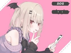 1girl bad_link bare_shoulders bat_hair_ornament bat_wings black_bow black_bowtie black_wings blonde_hair blush bow bowtie brown_hair cellphone clothing_cutout earrings fang fingernails frilled_shirt frilled_shirt_collar frills from_side hair_bow hair_ornament head_wings heart heart_earrings heart_hair_ornament highres holding holding_phone jewelry long_hair long_sleeves looking_at_viewer looking_to_the_side medium_hair nail_polish off-shoulder_sweater off_shoulder one_side_up open_mouth phone pink_background pink_nails purple_shirt purple_sweater ribbon ririka_(vrchat) shirt short_hair shoulder_cutout sidelocks simple_background skin_fang sleeves_past_wrists smartphone smile solo sweater two-tone_background two_side_up upper_body v v_over_mouth vrchat w white_background wing_hair_ornament wings