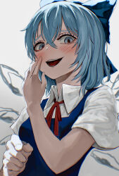 1girl absurdres blue_bow blue_dress blue_eyes blue_hair blush bow cirno collared_shirt commentary commission dress gesugao hair_between_eyes hair_bow hand_to_own_mouth highres ice ice_wings looking_at_viewer medium_hair neck_ribbon open_mouth pinafore_dress pixiv_commission pointing pointing_at_viewer red_ribbon ribbon rin_(rin7kan7) shirt short_sleeves sleeveless sleeveless_dress smile smug solo touhou upper_body white_background white_shirt wings