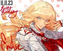 Rule 34 | 1girl, absurdres, artist name, blonde hair, blue eyes, blush, character name, closed mouth, commentary, dress, emilie de rochefort, fingerless gloves, gloves, happy birthday, highres, long hair, shpr0ta, smile, solo, tekken, timestamp, white dress, white gloves