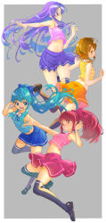 4girls :p aino_megumi aqua_hair aqua_shirt black_footwear black_thighhighs blue_bow blue_eyes blue_skirt bow brown_eyes brown_hair closed_mouth collared_shirt commentary_request cropped_shirt floating grey_background grin hair_bow happinesscharge_precure! highres hikawa_iona jj_(ssspulse) long_hair looking_at_viewer mary_janes matching_outfits medium_hair midriff miniskirt multiple_girls navel oomori_yuuko open_mouth orange_skirt parted_bangs pink_bow pink_shirt pleated_skirt ponytail precure purple_eyes purple_hair purple_shirt red_skirt shirayuki_hime shirt shoes single_horizontal_stripe skirt sleeveless sleeveless_shirt smile striped_clothes striped_shirt thighhighs tongue tongue_out very_long_hair yellow_shirt
