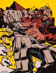 1boy absurdres ahoge blonde_hair breaking coat collared_coat commentary edward_elric fullmetal_alchemist highres looking_at_viewer male_focus mechanical_arms obarii open_mouth red_coat sidelocks simple_background single_mechanical_arm solo twitter_username yellow_background