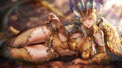 1girl absurdly_long_hair blonde_hair blue_horns blurry blurry_background breasts chinese_commentary cleavage clothing_cutout commentary_request dragon_tail dress eyeliner gold_bra gold_cape gold_horns gold_nails gold_scales highres hip_vent horizontal_pupils horns jewelry kulve_taroth large_breasts latealth light_rays long_hair looking_at_viewer lying makeup monster_girl monster_hunter:_world monster_hunter_(series) multicolored_horns on_ground on_side personification pulling_own_clothes red_eyeliner ring see-through_clothes see-through_dress sheep_horns shoulder_cutout solo stomach_cutout sunbeam sunlight tail thigh_cutout two-tone_horns very_long_hair yellow_eyes
