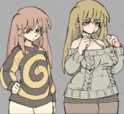 2girls black_pantyhose black_skirt black_sweater blonde_hair commentary english_commentary grey_background grey_sweater halterneck hand_on_own_hip highres long_hair miniskirt multiple_girls off-shoulder_sweater off_shoulder original pantsu-ripper pantyhose puckered_lips red_eyes red_hair skirt spiral sweater thick_thighs thighs v-shaped_eyebrows wide_hips