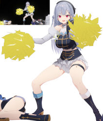 2girls arms_up beret blue_boots blue_gloves blue_hat blue_shirt boots breasts cheering frilled_shirt frills gloves grey_hair hair_ornament hairclip hakase_fuyuki hat highres holding holding_pom_poms idol_clothes large_breasts looking_at_viewer midriff miniskirt multiple_girls nijisanji nijisanji_idol_uniform official_alternate_costume open_mouth outstretched_arms pom_pom_(cheerleading) pom_poms red_eyes shirt skirt spread_arms thigh_strap vane_(vane0) virtual_youtuber white_background