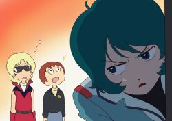 3boys amuro_ray blonde_hair blue_eyes blue_hair brown_hair char_aznable dazed frown gradient_background gundam gundam_gquuuuuux highres jacket jitome kamille_bidan long_sleeves male_focus mito_(mitotank) multiple_boys open_mouth orange_background parody scene_reference shirt simple_background sleeveless sunglasses sweatdrop white_background wide-eyed zeta_gundam