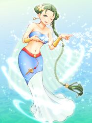 1girl :d azu_rin_go bare_shoulders blue_background bokujou_monogatari bracelet braid breasts cleavage collarbone double_bun earrings flower full_body glowing gold_bracelet gold_bracer gold_earrings gradient_background green_background green_eyes green_hair hagoromo hair_bun hair_flower hair_ornament head_tilt highres jewelry long_hair long_skirt looking_at_viewer megami-sama_(bokujou_monogatari) navel ocean one_eye_closed open_mouth parted_hair pointing shawl single_braid skirt smile solo sparkle stomach very_long_hair water yellow_flower