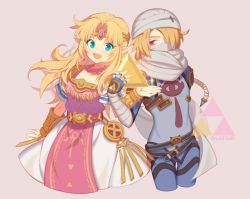 2girls androgynous armor bandages blonde_hair blue_eyes blush bracer braid circlet dark-skinned_female dark_skin dress earrings gloves hat jewelry long_hair looking_at_viewer mask multiple_girls necklace nintendo open_mouth pointy_ears ponytail princess_zelda red_eyes reverse_trap sheik sheikah shoulder_armor simple_background smile super_smash_bros. the_legend_of_zelda the_legend_of_zelda:_a_link_between_worlds the_legend_of_zelda:_ocarina_of_time tiara triforce turban wusagi2