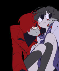 Rule 34 | 1boy, 1girl, averting eyes, black background, black eyes, black hair, black socks, chlorenw, coat, commentary, hand on another&#039;s face, heart, heroine (homicipher), highres, homicipher, kneehighs, long hair, looking to the side, mr. scarletella, red coat, red eyes, red hair, school uniform, serafuku, short hair, simple background, skirt, socks, symbol-only commentary