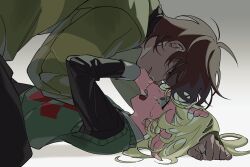 1girl 1other blonde_hair brown_hair commentary_request dalli_02 deltarune green_shirt green_sweater_vest highres korean_commentary kris_(deltarune) long_hair lying noelle_holiday on_back open_mouth pushing_away red_eyes shirt short_hair single_horizontal_stripe striped_clothes striped_shirt sweater_vest