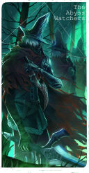 3boys absurdres abyss_watcher arm_armor armor artist_name bandaged_arm bandages blurry blurry_background border brown_cloak brown_jacket character_name cloak commentary commission cowboy_shot dagger dark_souls_(series) dark_souls_iii english_commentary english_text from_side green_background grey_hair hand_up helmet highres holding holding_dagger holding_knife holding_sword holding_weapon jacket knife multiple_boys outdoors pants short_hair shoulder_armor sword tworain_w watermark weapon white_border