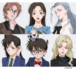 2boys 4girls blonde_hair blue_jacket blush bow bowtie brown_hair commentary_request curacao_(meitantei_conan) edogawa_conan enomoto_azusa glasses grey_hair highres jacket long_hair looking_at_viewer looking_to_the_side meitantei_conan mouri_ran multiple_boys multiple_girls okiya_subaru one_eye_closed red_bow red_bowtie red_lips roru_(lol_dessin) school_uniform short_hair smile turtleneck vermouth_(meitantei_conan)