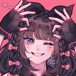 1girl ;3 ;d aegyo_sal arms_up black_bow black_gloves black_hair black_shirt blue_eyes blunt_bangs bow braid close-up collared_shirt commentary commission english_commentary fingerless_gloves gloves grin hair_bow head_tilt heart heart-shaped_pupils highres ijiinie one_eye_closed open_mouth original pink_background pink_bow pink_pupils pink_trim portrait shirt sidelocks simple_background sleeveless sleeveless_shirt smile solo star_(symbol) straight-on symbol-shaped_pupils twin_braids twitter_username watermark