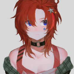 1girl absurdres alternate_hair_length alternate_hairstyle blue_eyes collar facial_mark grey_background hair_ornament hairpin highres idolmaster idolmaster_million_live! julia_(idolmaster) layered_clothes leather looking_to_the_side medium_hair mullet off_shoulder parted_bangs plaid_clothes plaid_shirt red_hair shirt solo star_(symbol) star_hair_ornament tank_top yatatashira
