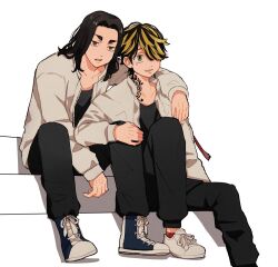 2boys baji_keisuke black_eyes black_hair black_pants black_shirt blonde_hair blue_footwear collarbone full_body hair_over_one_eye hanemiya_kazutora jacket long_hair long_sleeves looking_away male_focus mole mole_under_eye multicolored_hair multiple_boys neck_tattoo open_mouth pants shirt shoes short_hair simple_background sitting stairs tattoo tokyo_revengers tonshi two-tone_hair white_background white_footwear white_jacket yellow_eyes