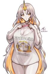 1girl :o bottomless breasts cleavage colored_skin english_text fire_emblem fire_emblem_heroes grey_hair grey_shirt grey_skin gullveig_(fire_emblem) highres holding holding_pregnancy_test horns large_breasts long_hair looking_at_viewer multicolored_hair nintendo orange_hair oversized_clothes oversized_shirt pregnancy_test rotomdocs shirt single_horn solo thighs two-tone_hair yellow_eyes