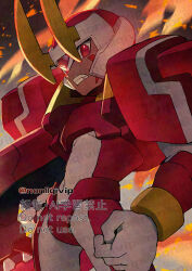 1boy armor cowboy_shot dark-skinned_male dark_skin facial_mark fighting_fefnir_(mega_man) forehead_jewel helmet holding_cannon male_focus mega_man_(series) mega_man_zero_(series) red_armor red_helmet solo twitter_username watermark yamanashi_taiki