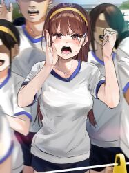 1boy 3girls black_hair blue_shorts blurry blurry_background blush breasts brown_hair collarbone commentary_request funi_mu9 gym_uniform hair_behind_ear hair_ornament hairband hairclip highres large_breasts long_hair multiple_girls open_mouth original people shirt short_sleeves shorts shouting shouting_with_hands solo_focus sweatdrop teeth white_shirt yellow_hairband
