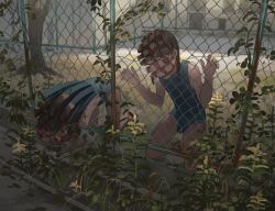 2girls blue_one-piece_swimsuit blush building chain-link_fence expressionless fence grass kneeling low_twintails multiple_girls nature one-piece_swimsuit original outdoors plant swimsuit tensen_(dotted_line) tree twintails vines what