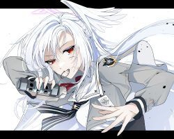 1girl black_corset blue_archive blue_neckerchief capelet commentary_request corset dirty dirty_clothes flashbang grey_jacket halo head_wings highres injury jacket letterboxed long_hair neckerchief outside_border parted_hair pasta_bar415 red_eyes school_uniform simple_background single_head_wing solo suzumi_(blue_archive) torn_clothes upper_body white_capelet white_hair wings