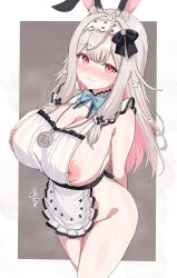 1girl :3 absurdres animal_ears apron arms_behind_back black_bow blue_bow blue_bowtie blush bow bowtie breasts closed_mouth colored_inner_hair cowlick curvy flower-shaped_pupils grey_hair hair_bow hairband highres huge_breasts jewelry long_hair looking_at_viewer multicolored_hair naked_apron naughty_face necklace nipple_slip nipples nose_blush pink_eyes pink_hair rabbit_ears rabbit_girl simple_background solo symbol-shaped_pupils two-tone_hair unohana_nonochi varium virtual_youtuber white_apron white_hairband yamaoka_remu