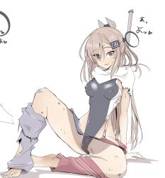 Rule 34 | 1girl, american flag, american flag print, american flag skirt, barefoot, black one-piece swimsuit, covered erect nipples, denim, denim skirt, flag print, grey eyes, grey hair, headgear, highleg, highleg one-piece swimsuit, highres, kantai collection, long hair, looking at viewer, loose socks, one-piece swimsuit, print skirt, scarf, simple background, sitting, skirt, socks, solo, swimsuit, tada (tactical tada), toeless socks, two-tone one-piece swimsuit, wahoo (kancolle), white background, white scarf