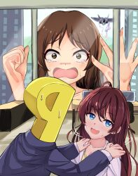 1girl 2girls absurdres aircraft airplane blue_eyes breasts brown_eyes brown_hair choudai-sama city cleavage collarbone fighter_jet giant giantess hands_on_another&#039;s_shoulders highres ichinose_shiki idolmaster idolmaster_cinderella_girls indoors large_breasts long_hair looking_at_another looking_to_the_side military_vehicle multiple_girls office open_mouth p-head_producer panicking producer_(idolmaster) smile sweatdrop tachibana_arisu tears upper_body
