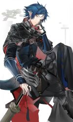 1boy absurdres arknights arm_guards black_pants black_shoes blue_hair blue_shirt chouchouhei closed_mouth crossed_legs grey_eyes hand_on_hilt highres looking_at_viewer male_focus pants parted_bangs pointy_ears shirt shoes solo sword tail weapon white_background zuo_le_(arknights)