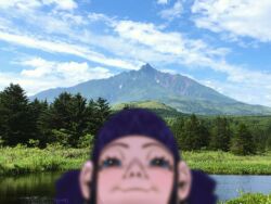 1girl aatom87 asirpa black_hair blue_eyes blue_sky blurry blurry_foreground cloud commentary forest frown golden_kamuy headband lake mountain nature photo_background sky smile smirk smug solo symbol-only_commentary