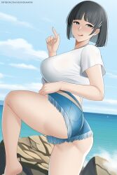 1girl aslindsamure ass beach black_hair blush kirigaya_suguha short_hair smile sword_art_online tongue tongue_out