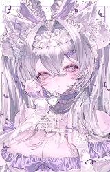 Rule 34 | 1girl, absurdres, animal ear fluff, animal ears, blush, breasts, choker, cleavage, drowsyww, frills, grey eyes, hair between eyes, hair ornament, hairclip, highres, jewelry, large breasts, long hair, looking at viewer, original, purple nails, purple theme, solo, twintails, upper body