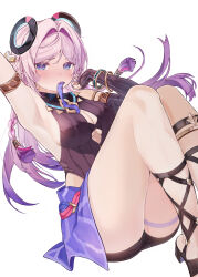1girl absurdres arm_up armlet armpits blue_eyes bracelet breasts citlali_(genshin_impact) cleavage feet_out_of_frame genshin_impact hair_intakes highres jewelry knees_up kuki1628 large_breasts legs long_hair pink_hair presenting_armpit purple_skirt ring_hair_ornament simple_background skirt solo thighs very_long_hair white_background