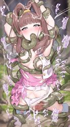1girl absurdres amano_nene_(digimon_xros_wars) arms_up blush breasts brown_hair cum cum_in_pussy digimon digimon_xros_wars ejaculation fellatio fukuiii0110 highres long_hair medium_breasts nipples oral purple_eyes restrained solo stomach_bulge tentacle_sex tentacles torn_clothes vaginal