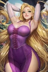 1girl adapted_costume armpits blonde_hair breasts cleavage commentary cross-laced_clothes cross-laced_dress disney dress elbow_gloves english_commentary gloves green_eyes highres large_breasts long_hair neoartcore paid_reward_available purple_dress rapunzel_(disney) side_slit sleeveless sleeveless_dress smile solo tangled thighs tight_clothes tight_dress very_long_hair white_gloves