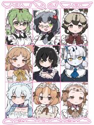 010mzam 6+girls african_wild_dog_(kemono_friends) alternate_costume animal_ears apron arctic_fox_(kemono_friends) bare_shoulders black_dress black_hair black_serval_(kemono_friends) blonde_hair blue_choker blue_dress blue_neckerchief blue_skin blush bow bowtie braid brown_bow brown_bowtie brown_dress brown_eyes cat_ears cat_girl choker collar collared_dress colored_skin danzaburou-danuki_(kemono_friends) detached_sleeves dog_ears dog_girl domestic_rabbit_(kemono_friends) dress enmaided extra_ears fox_ears fox_girl frilled_apron frilled_collar frills ginkaku_(kemono_friends) glasses green_eyes green_hair grey_dress grey_hair grey_necktie hair_between_eyes hair_bow hair_ornament hair_tubes head_bow highres horns kemono_friends leaf_hair_ornament linnaeus&#039;s_two-toed_sloth_(kemono_friends) long_hair maid maid_apron maid_headdress multicolored_hair multiple_girls neckerchief necktie one_eye_closed open_mouth orange_eyes pale_fox_(kemono_friends) puffy_sleeves quad_tails rabbit_ears rabbit_girl raccoon_ears raccoon_girl red_bow reptile_girl short_hair short_twintails sidelocks single_horn smile spectacled_caiman_(kemono_friends) twin_braids twintails two-tone_hair white_bow white_hair yellow_bow yellow_bowtie yellow_eyes